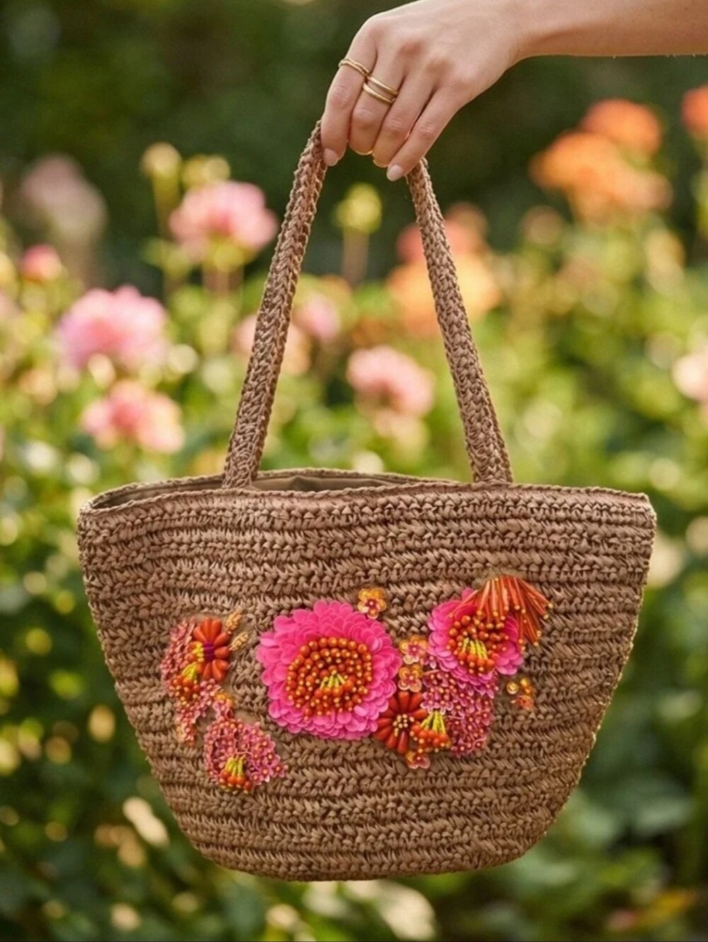 Viral Woven Straw Tote W/Pink & Orange Floral Beads Handcrafted In India NWT